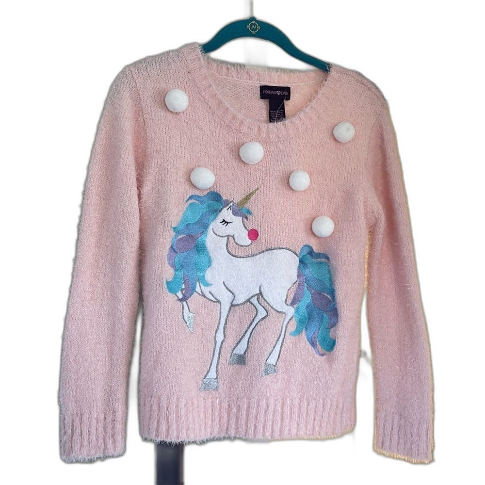 Forever and Ever Girls Fuzzy Unicorn Sweater Light Pink White Pom Poms Soft‎